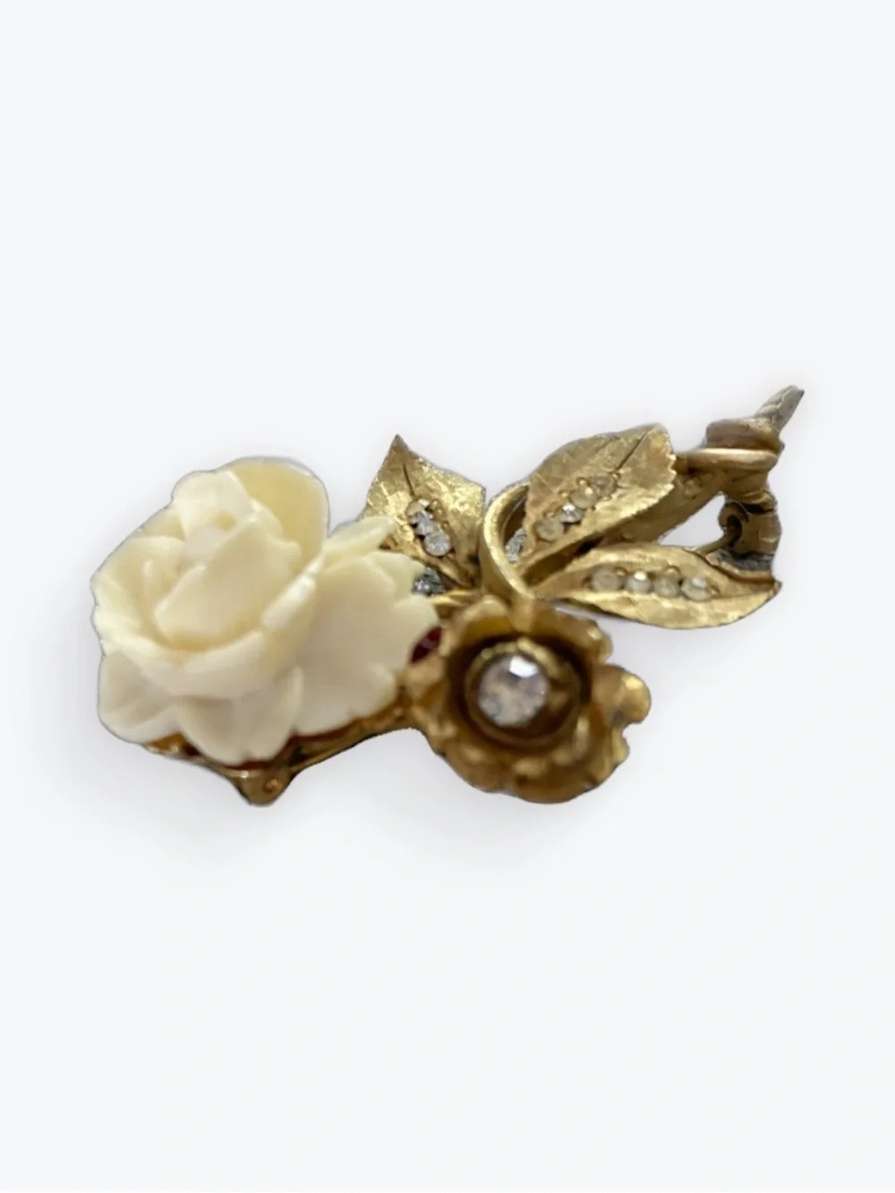 Vintage Signed BSK Celluloid Rose Brooch Gold-Toned and Rhinestones